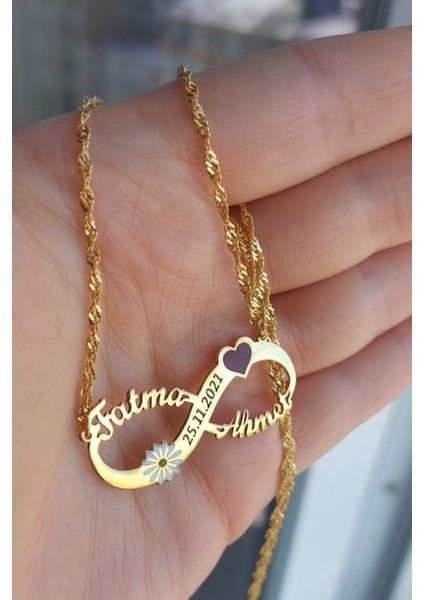 925 Ayar Gümüş 24 Ayar Altın Kaplama Kalp ve Papatya Figürlü Sonsuzluk Kolye