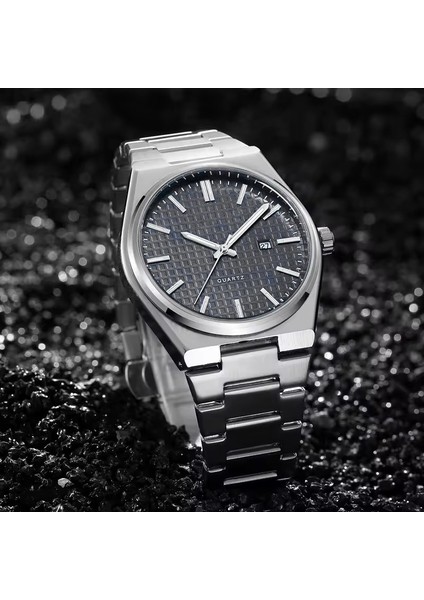 Gümüş Analog Kol Saati – Siyah Kadranlı, Çelik Kordon, Quartz, Takvimli - STC11986