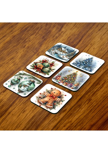 Yılbaşı Temalı 6'lı Bardak Altlığı Seti - Eva Sünger Taban