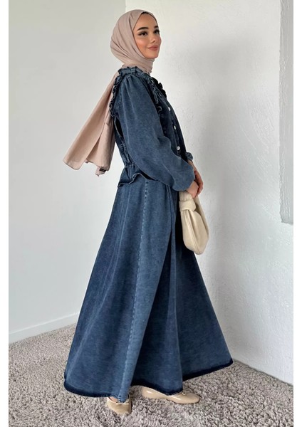 Ön Düğmeli Fırfırlı Jean Kot Ceket Etek Tesettür Ikili Takım P-00018910