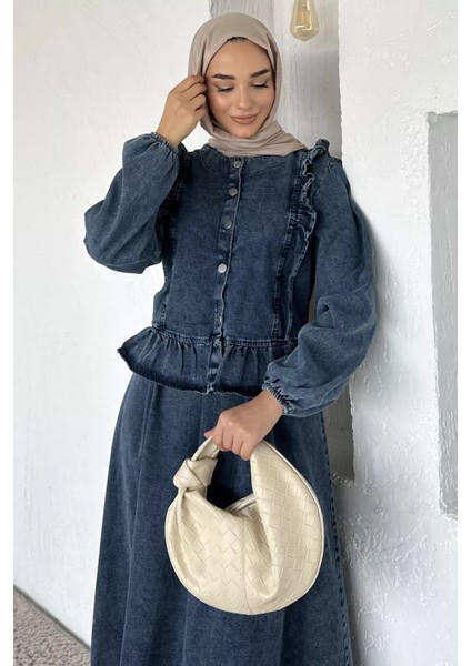 Ön Düğmeli Fırfırlı Jean Kot Ceket Etek Tesettür Ikili Takım P-00018910 modelleri