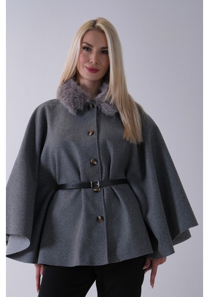 Gri Önü Düğme Kapamalı Kemerli Yakası Kürklü Panço 47122714.06 fiyatları
