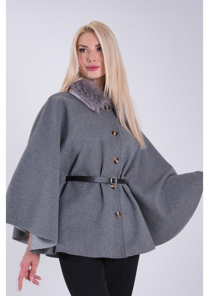 Gri Önü Düğme Kapamalı Kemerli Yakası Kürklü Panço 47122714.06 modelleri