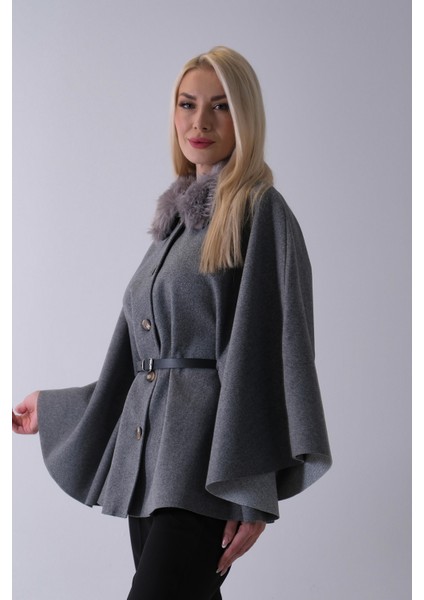 Gri Önü Düğme Kapamalı Kemerli Yakası Kürklü Panço 47122714.06 indirimleri