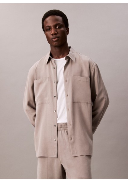 Normal Gömlek Yaka Gri Erkek Gömlek LV04LC109GPFP_LS Drapey Relaxed Shı