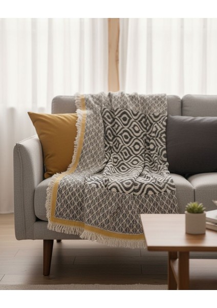 %100 Pamuk Sarı-Siyah Ikat Throw- Battaniye Örtü