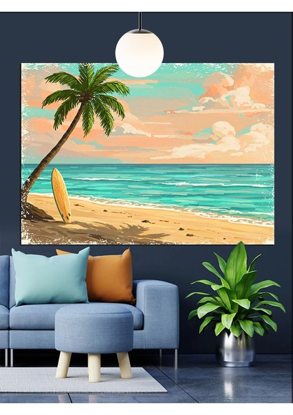 Palmiye Ağacı Plaj Manzarası Dekoratif Kanvas - Mdf Ahşap Tablo