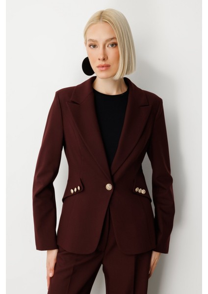 Kadın Omzu Vatkalı Düğme Aksesuarlı Ceket 5017 Bordo