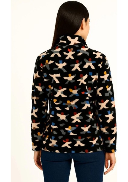 Kadın Tam Fermuarlı Desenli Polar Sweat – Siyah Multicolor Figür Desen Yakalı, Uzun Kollu, Oversize Rahat Kalıp - Siyah fiyatları