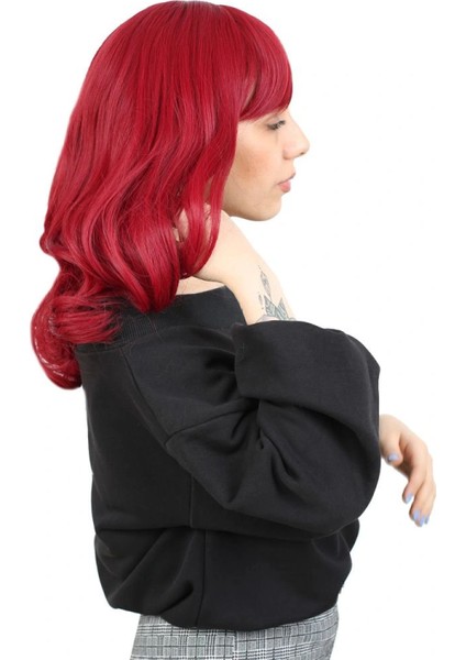 Dalgalı Perçemli Orta Boy Fiber Sentetik Peruk - Kızıl fiyatları