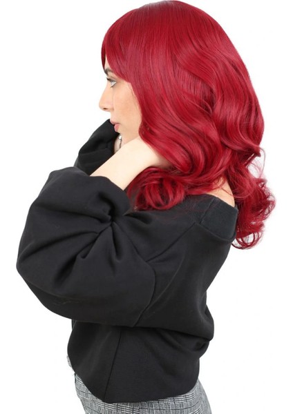 Dalgalı Perçemli Orta Boy Fiber Sentetik Peruk - Kızıl modelleri