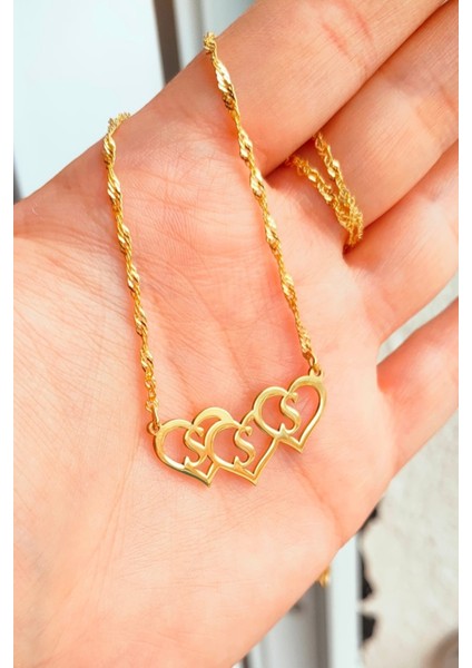 925 Ayar Gümüş 24 Ayar Altın Kaplama 3 Kalpli Harfli Kolye