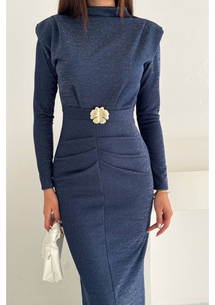 Kadın Kol Vatkalı Toka Detaylı Drapeli Maxi Elbise NBK4358