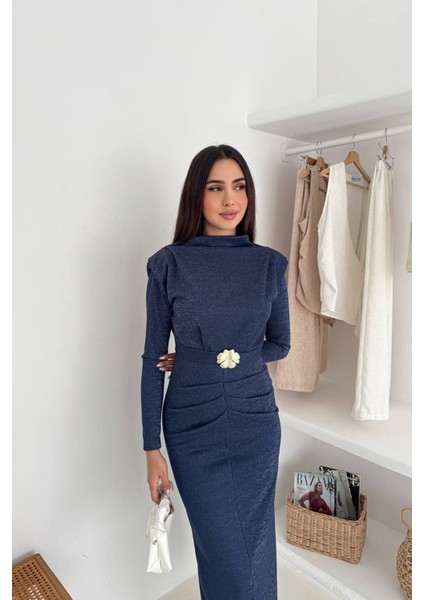 Kadın Kol Vatkalı Toka Detaylı Drapeli Maxi Elbise NBK4358 fiyatları