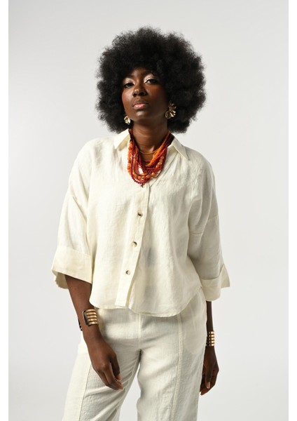 Kadın Ekru Renk %100 Keten Truvakar Kollu Gömlek