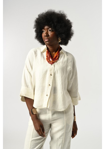 Kadın Ekru Renk %100 Keten Truvakar Kollu Gömlek fiyatları