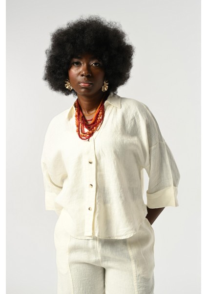 Kadın Ekru Renk %100 Keten Truvakar Kollu Gömlek modelleri