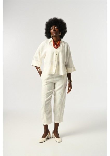 Kadın Ekru Renk %100 Keten Truvakar Kollu Gömlek fırsatları