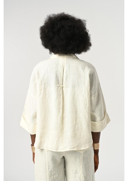 Kadın Ekru Renk %100 Keten Truvakar Kollu Gömlek indirimleri
