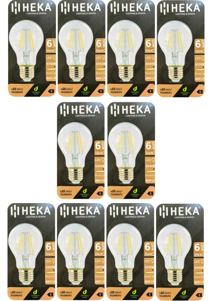 (10 Adet) Heka 6W (51W) 6500K (Beyaz Işık) E27 Duylu (Kalın Duy) LED Şeffaf Ampul
