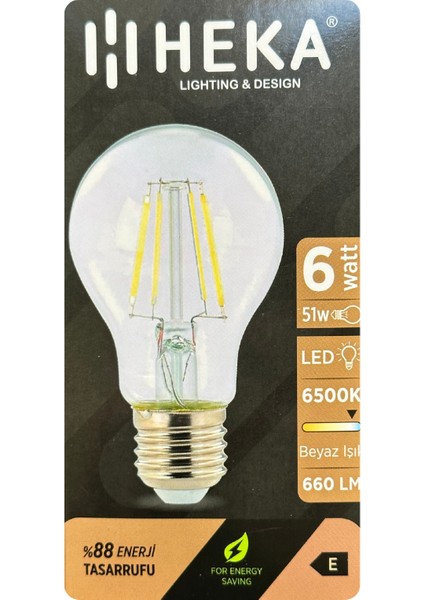 (10 Adet) Heka 6W (51W) 6500K (Beyaz Işık) E27 Duylu (Kalın Duy) LED Şeffaf Ampul fiyatları