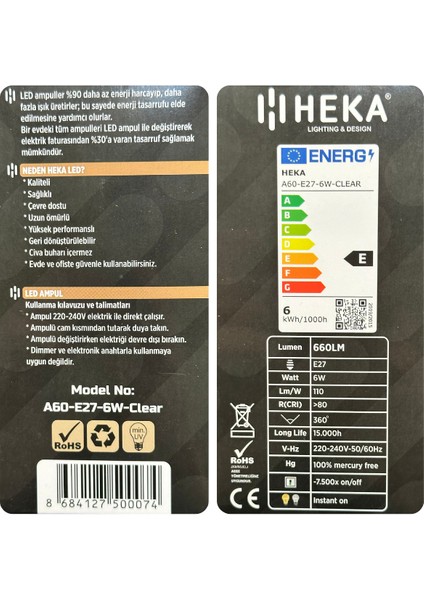 (10 Adet) Heka 6W (51W) 6500K (Beyaz Işık) E27 Duylu (Kalın Duy) LED Şeffaf Ampul fırsatları