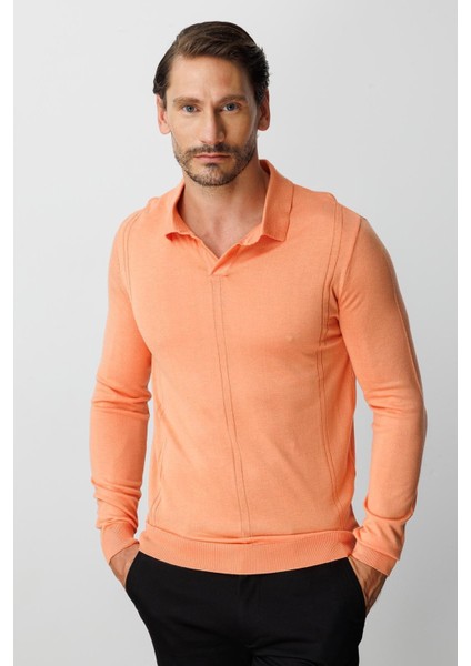 Yavruağzı Standart Fit Polo Yaka Düz Uzun Kollu Triko