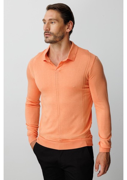 Yavruağzı Standart Fit Polo Yaka Düz Uzun Kollu Triko