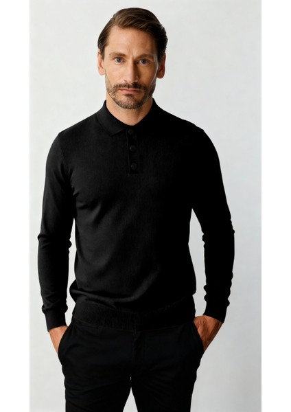 Siyah Standart Fit Dar Kalıp Polo Yaka Düz Uzun Kollu Rayon Triko