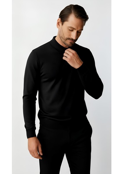 Siyah Standart Fit Dar Kalıp Polo Yaka Düz Uzun Kollu Rayon Triko fiyatları