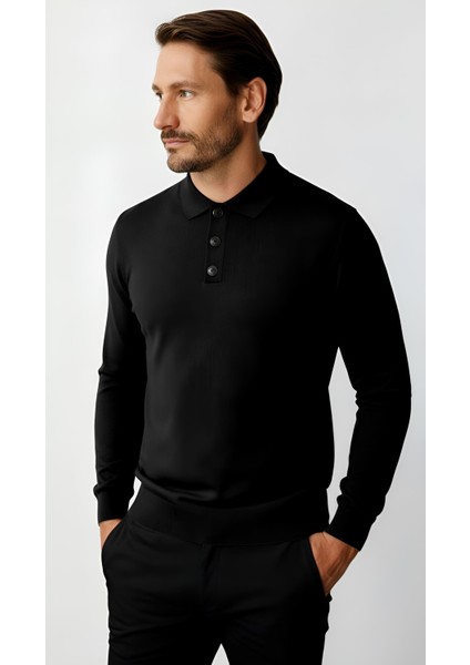 Siyah Standart Fit Dar Kalıp Polo Yaka Düz Uzun Kollu Rayon Triko modelleri