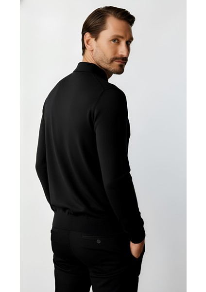 Siyah Standart Fit Dar Kalıp Polo Yaka Düz Uzun Kollu Rayon Triko fırsatları