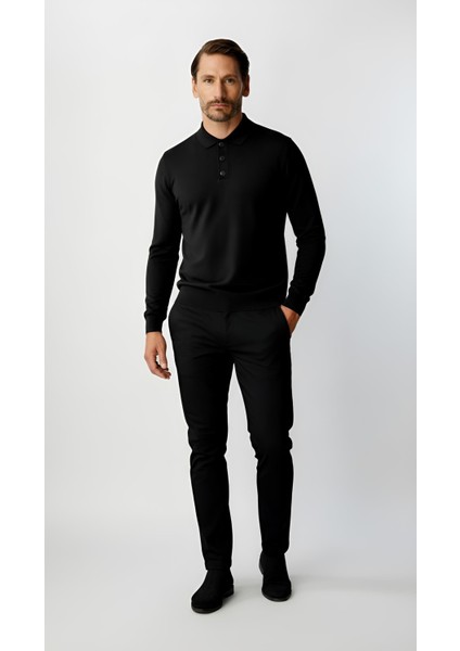 Siyah Standart Fit Dar Kalıp Polo Yaka Düz Uzun Kollu Rayon Triko indirimleri