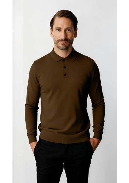 Kahve Standart Fit Dar Kalıp Polo Yaka Düz Uzun Kollu Triko