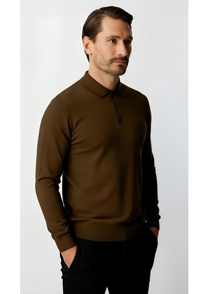 Kahve Standart Fit Dar Kalıp Polo Yaka Düz Uzun Kollu Triko fiyatları