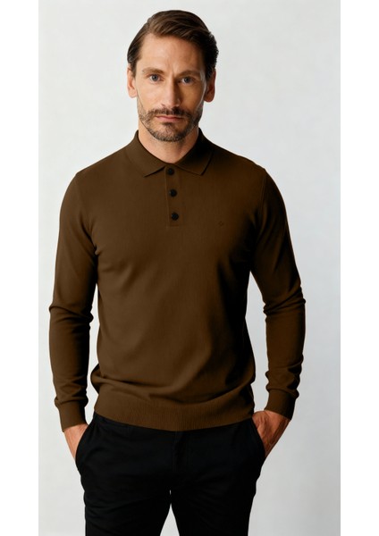 Kahve Standart Fit Dar Kalıp Polo Yaka Düz Uzun Kollu Triko modelleri