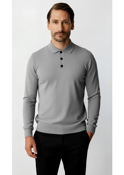 Koyu Gri Standart Fit Dar Kalıp Polo Yaka Düz Uzun Kollu Triko