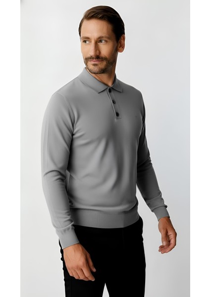 Koyu Gri Standart Fit Dar Kalıp Polo Yaka Düz Uzun Kollu Triko fiyatları