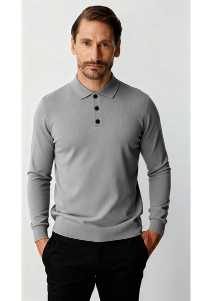 Koyu Gri Standart Fit Dar Kalıp Polo Yaka Düz Uzun Kollu Triko modelleri