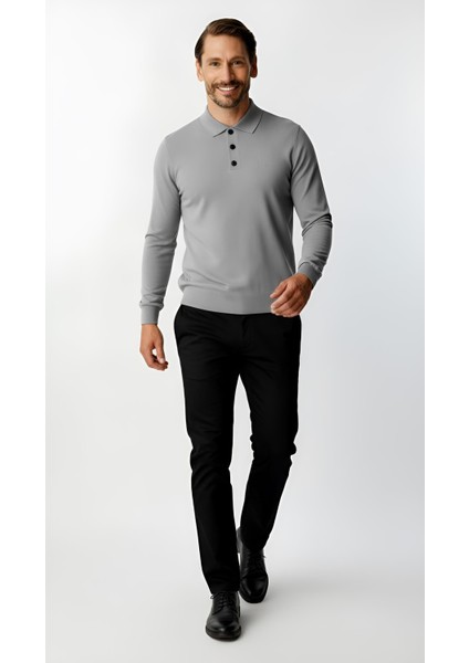 Koyu Gri Standart Fit Dar Kalıp Polo Yaka Düz Uzun Kollu Triko indirimleri
