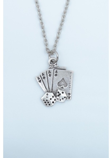 Maça As Poker İskambil - Zar Gümüş Kaplama Düz Zincir Kolye