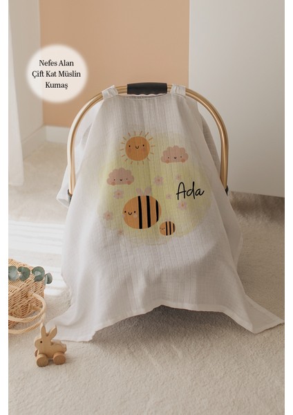 %100 Pamuk Isme Özel Çift Katlı Müslin Puset Örtüsü - Bal Arısı