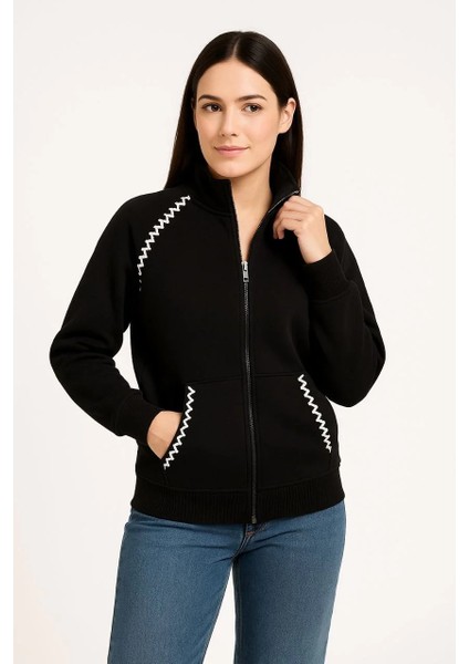 Kadın Oversize Dik Yaka Fermuarlı Sweatshirt - Zincir Nakışli Kanguru Cepli, - Siyah fırsatları