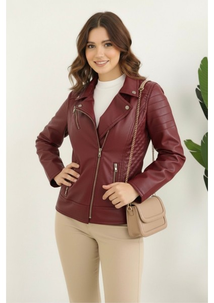 Polar Astarlı Yeni Sezon Kadın Deri Mont KS2565 Bordo - 38