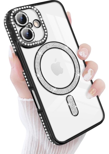 Apple iPhone 17 Kılıf Simli Taşlı Lens Korumalı Arkası Şeffaf Kenarı Renkli Parlak Magsafe Kapak