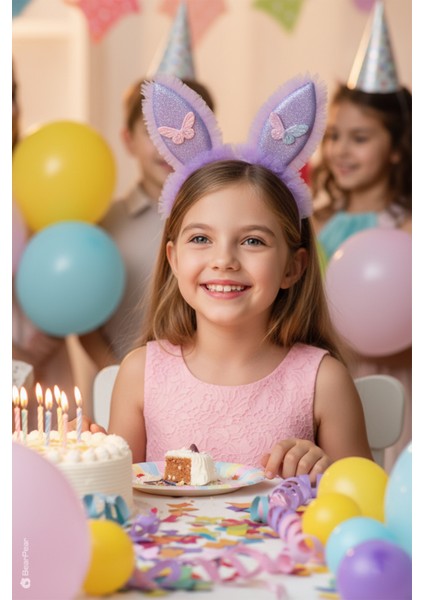 Tavşan Kulaklı Taç Parti Kostüm Aksesuarı Mor Renk Fırfırlı Taç