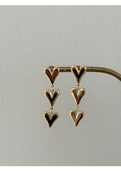 Sallantılı Üç Kalp Model Kararmaz Gold Çelik Küpe
