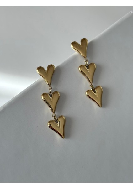 Sallantılı Üç Kalp Model Kararmaz Gold Çelik Küpe fiyatları