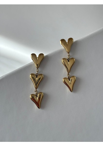 Sallantılı Üç Kalp Model Kararmaz Gold Çelik Küpe modelleri