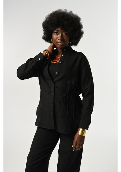 Kadın %100 Keten Önü Bağlama Detaylı Gömlek